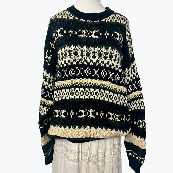 Vintage Ivy Crew Sweater Navy Green Cream Large - Picture 3 of 5